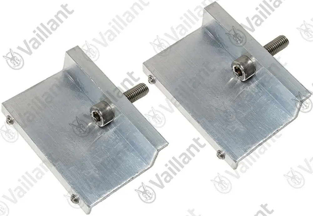 Zwei silberne Halter von Vaillant, gefertigt aus Aluminium, mit Schraube zur Befestigung. Eignet sich zur Montage verschiedener Komponenten.
